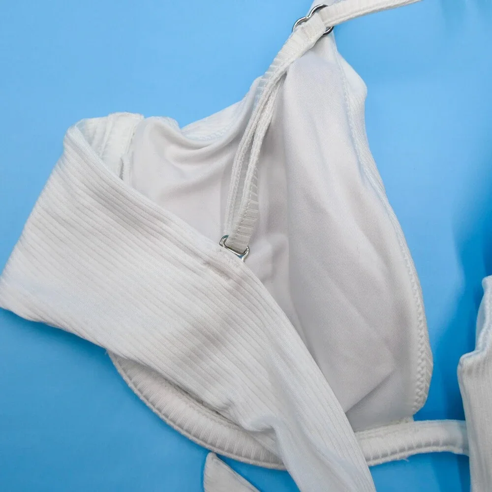 Victorias Secret Medium White Ribbed Underwired Plunge Padded Push-up Bikini Top